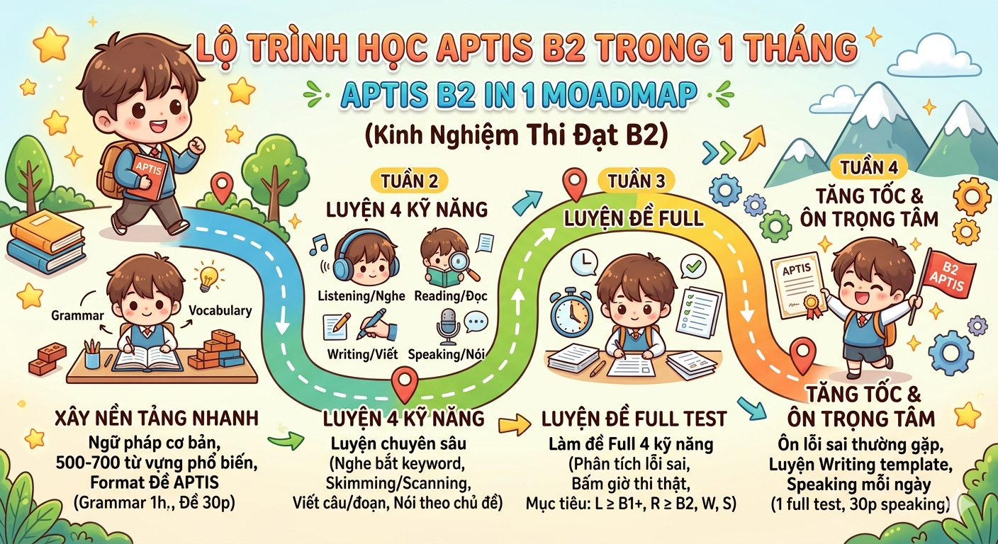 lộ trình kinh nghiệm thi APTIS đạt B2 trong 1 tháng