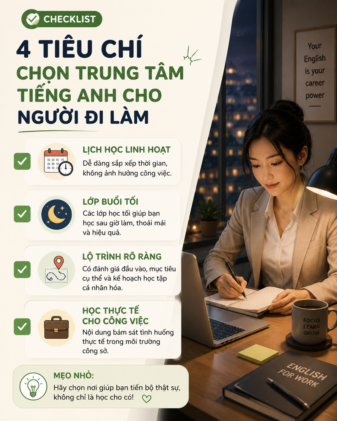 tiêu chí chọn trung tâm tiếng Anh cho người đi làm