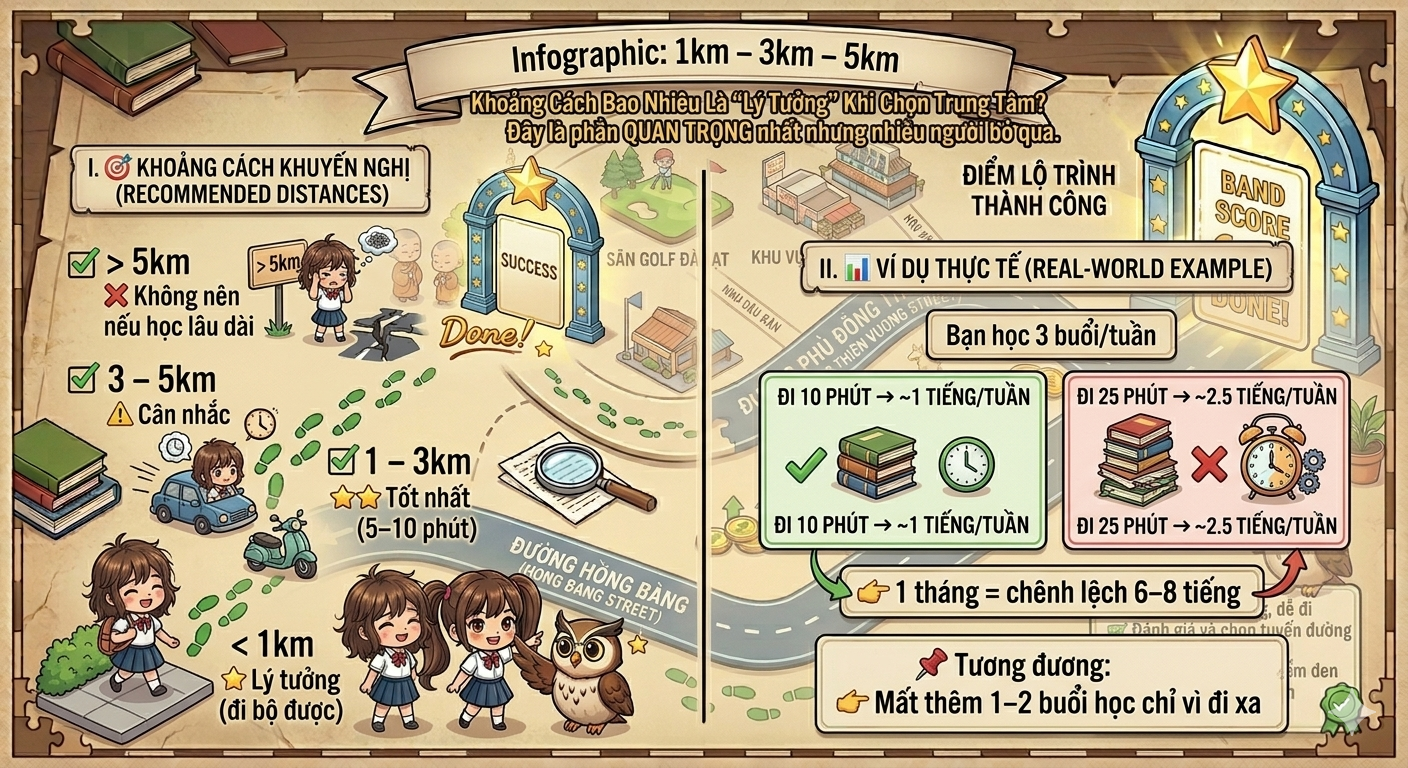 khoảng cách lý tưởng chọn trung tâm tiếng Anh gần Phường Lâm Viên từ 1 đến 3km