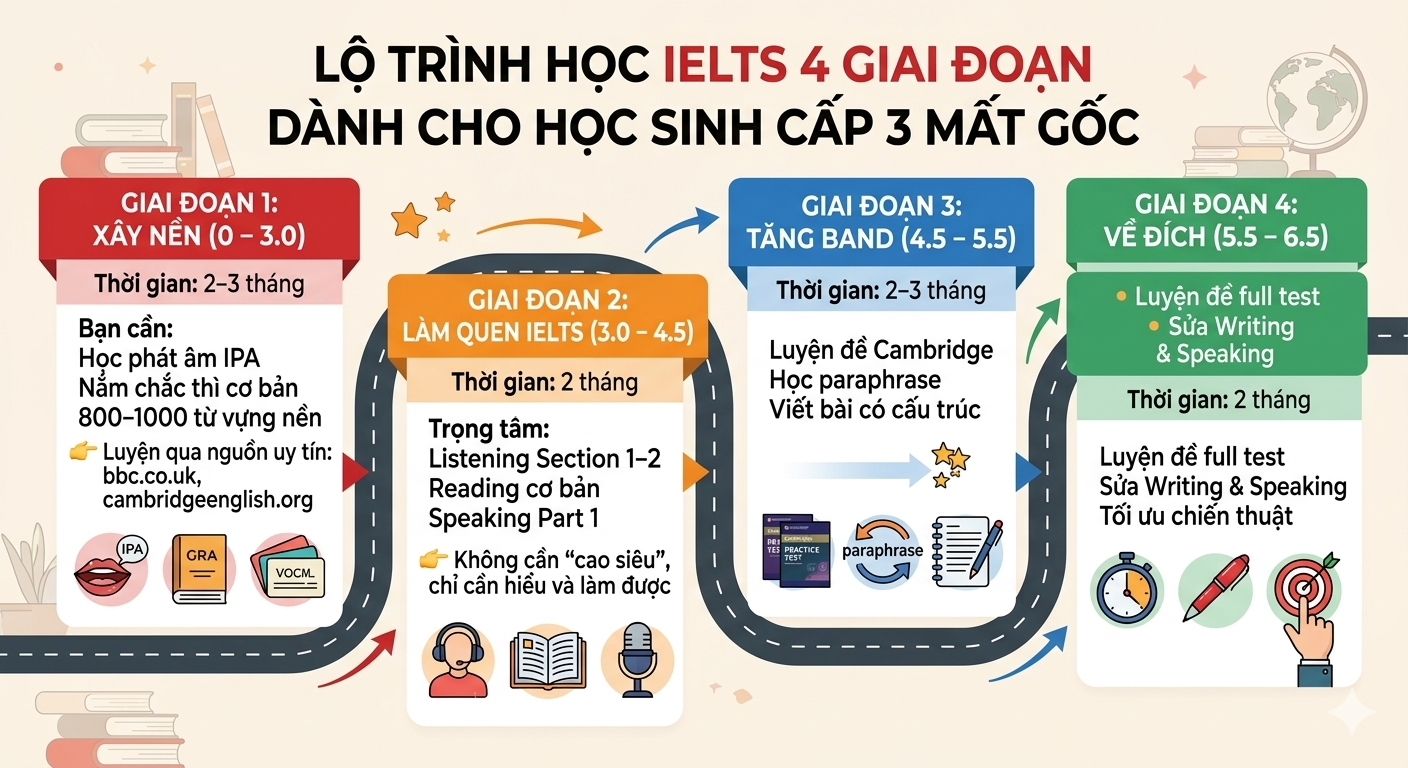 lộ trình học IELTS cho học sinh cấp 3 từ 0 đến 6.5
