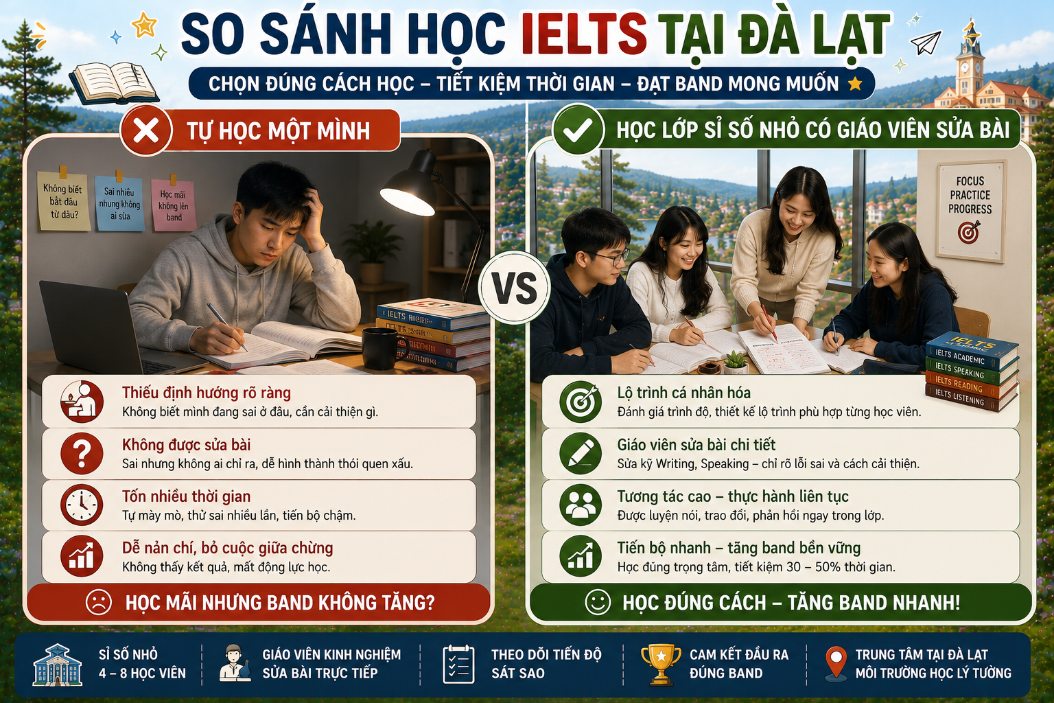 So sánh tự học và học IELTS 5.5 Đà Lạt tại trung tâm