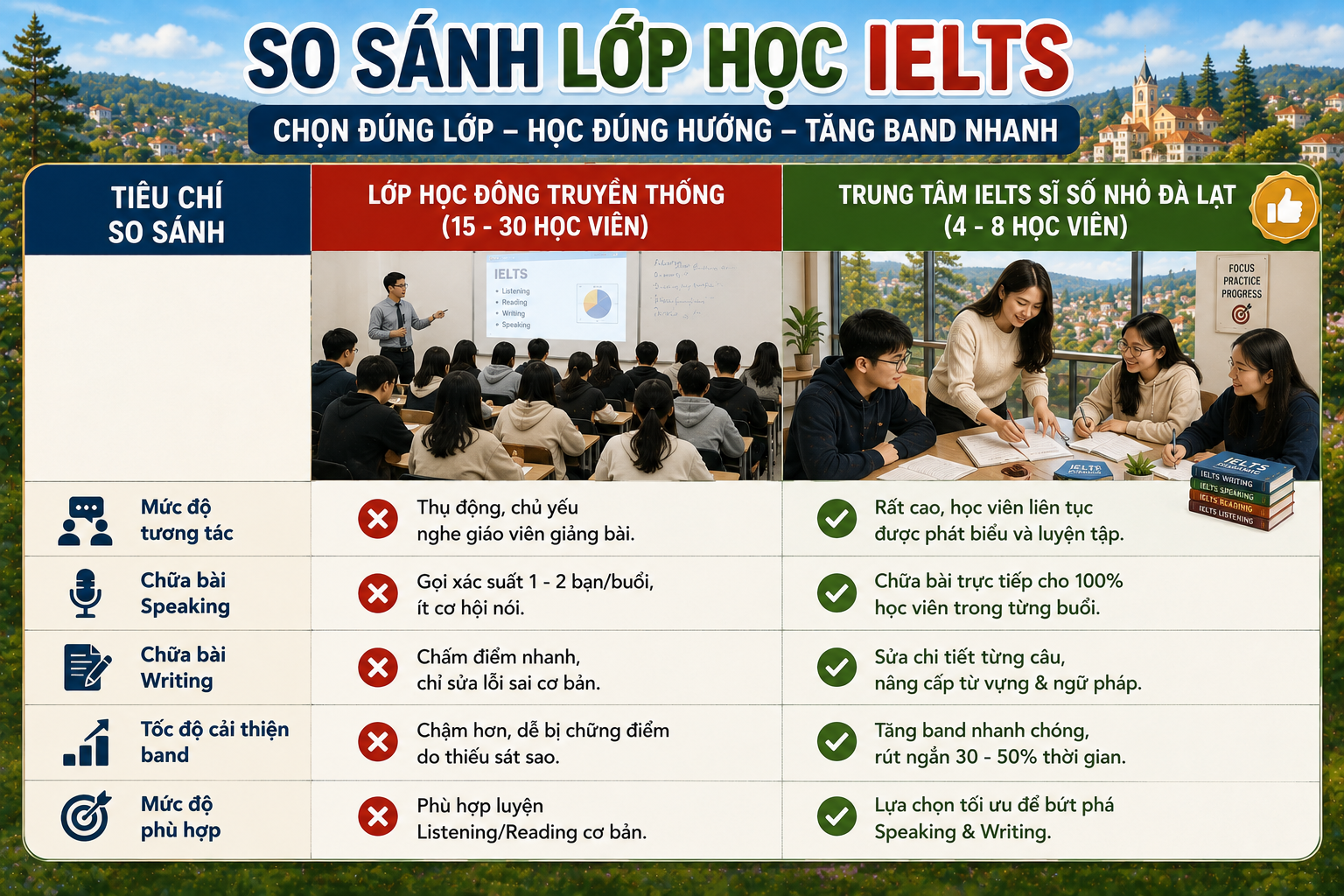 Các nhóm học viên phù hợp với trung tâm IELTS sĩ số nhỏ Đà Lạt