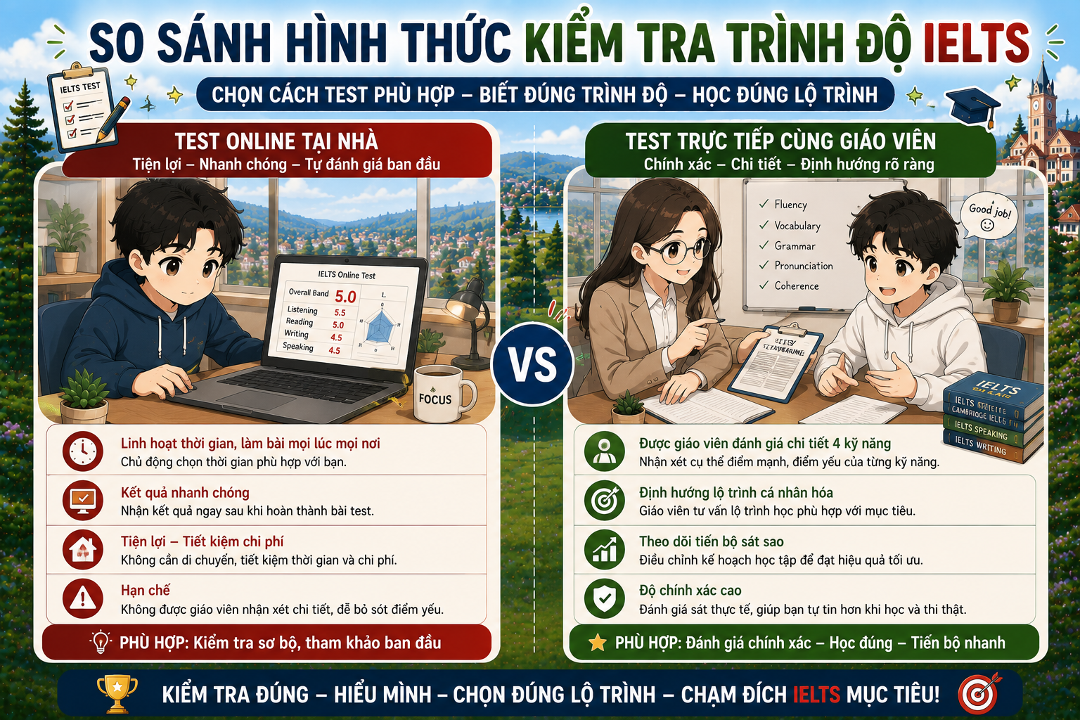 So sánh test IELTS online và test IELTS miễn phí Đà Lạt trực tiếp