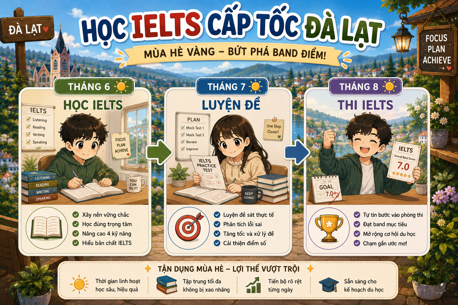 Timeline khóa IELTS hè Đà Lạt từ tháng 6 đến tháng 8