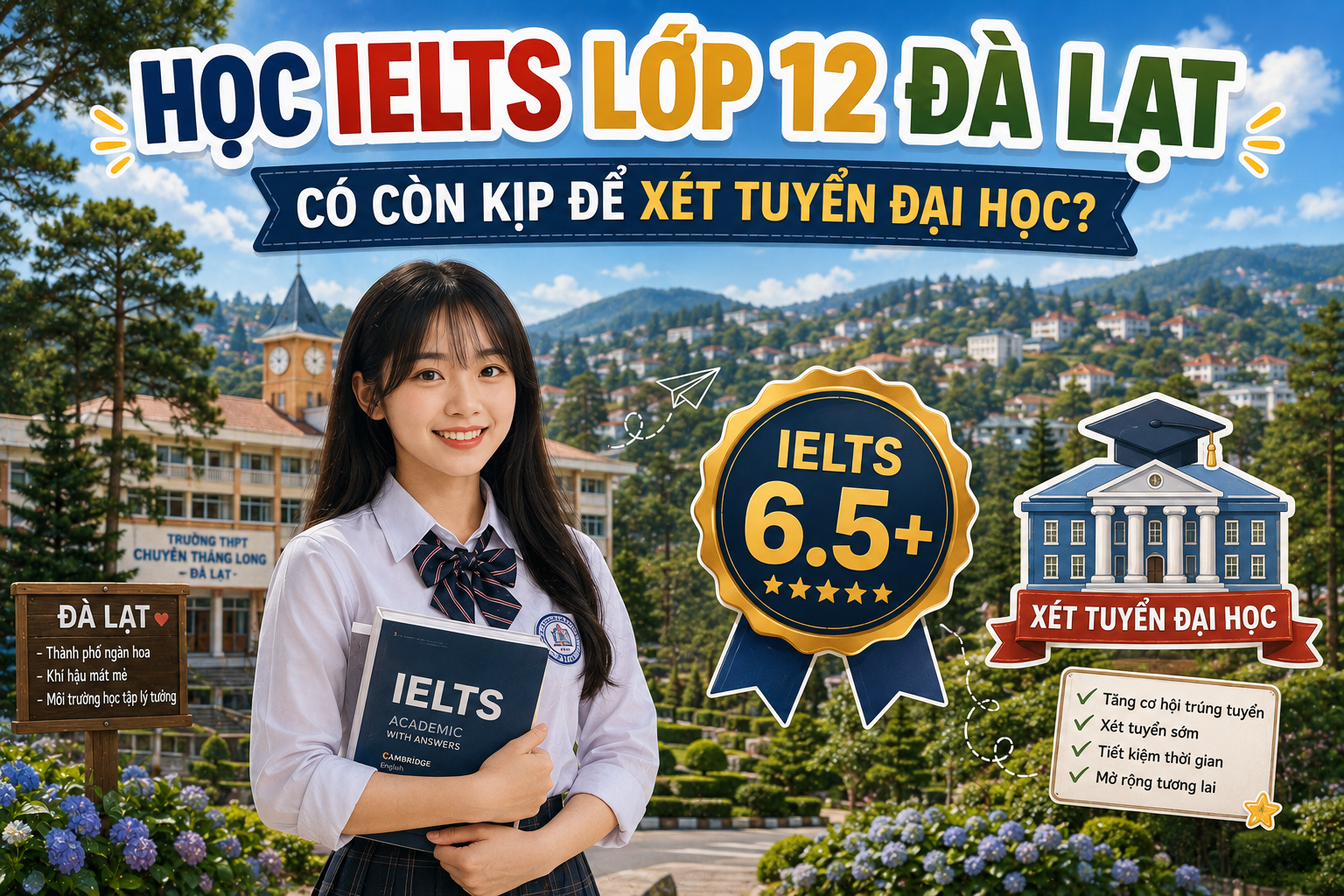 Học IELTS lớp 12 Đà Lạt giúp học sinh kịp xét tuyển đại học với mục tiêu IELTS 6.5+
