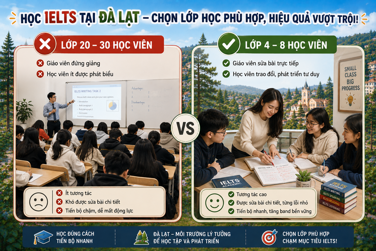 So sánh hiệu quả giữa lớp IELTS sĩ số nhỏ và lớp học đông