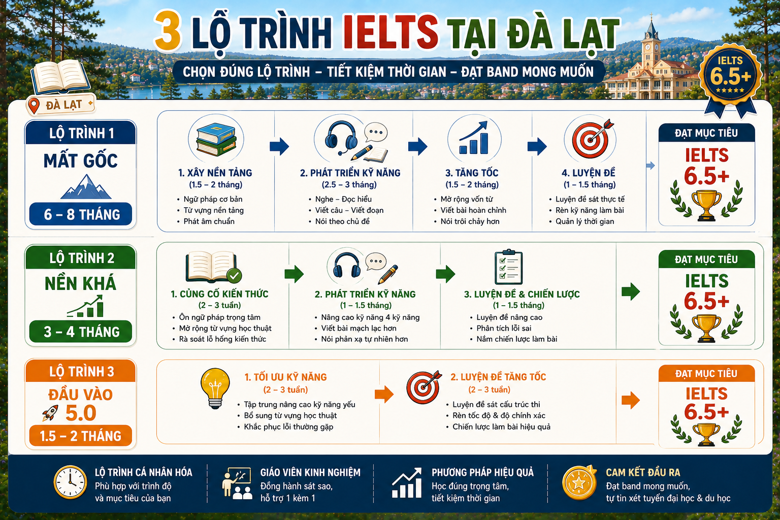 Lộ trình học IELTS 5.5 Đà Lạt theo từng trình độ đầu vào