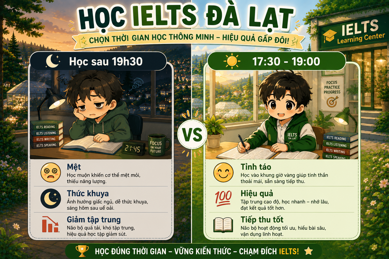 So sánh học IELTS sau giờ học và học buổi tối