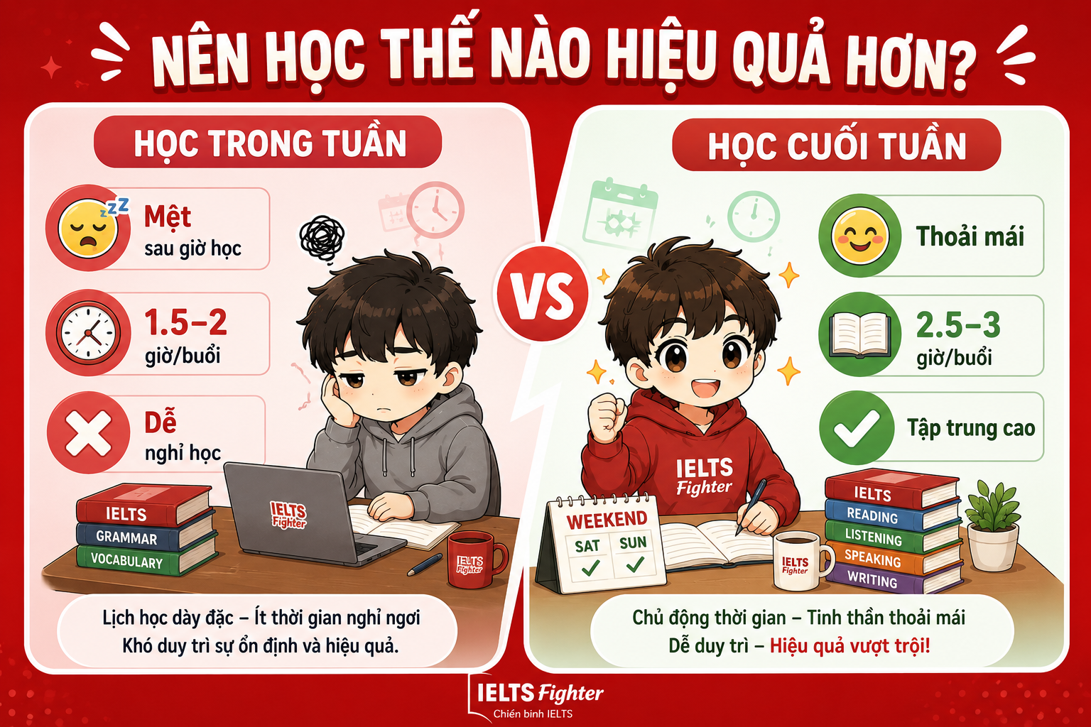So sánh lớp IELTS trong tuần và khóa IELTS cuối tuần Đà Lạt